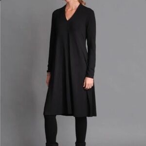 Eileen Fisher | Long Sleeve Vneck Black Midi Dress Super Soft Jersey Feel Sz L